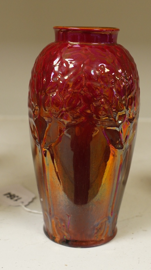 A Pilkingtons flambé lustre ‘fruit tree’ moulded vase, impressed, 18.5cm high. Condition - good